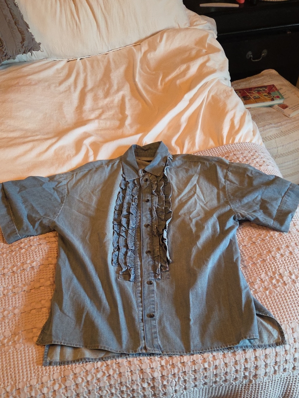Zara Short-Sleeve Button-Down Shirt with Front Ruffle Detail
